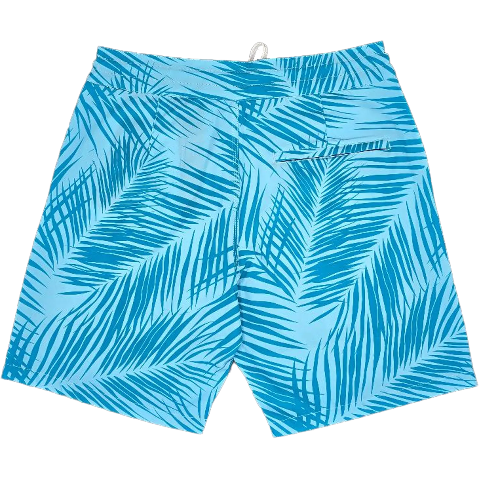 Blue and light blue tropical palm leaf print swim trunks with a drawstring waistband, shown flat against a white background.