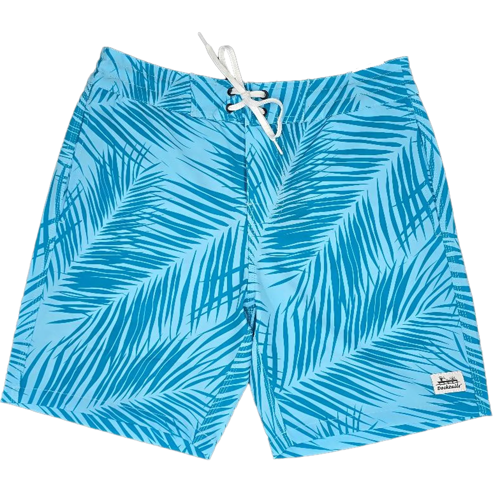 Blue and light blue palm leaf pattern swim trunks with a white drawstring, shown flat on a white background.