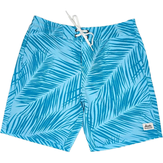 Blue and light blue palm leaf pattern swim trunks with a white drawstring, shown flat on a white background.