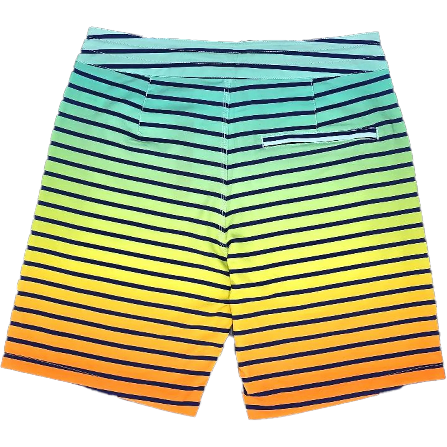 A pair of men's board shorts featuring a vibrant horizontal stripe pattern that transitions through shades of teal, green, yellow, and orange, with thin navy blue horizontal stripes throughout. The shorts are shown from the back on a solid white background.