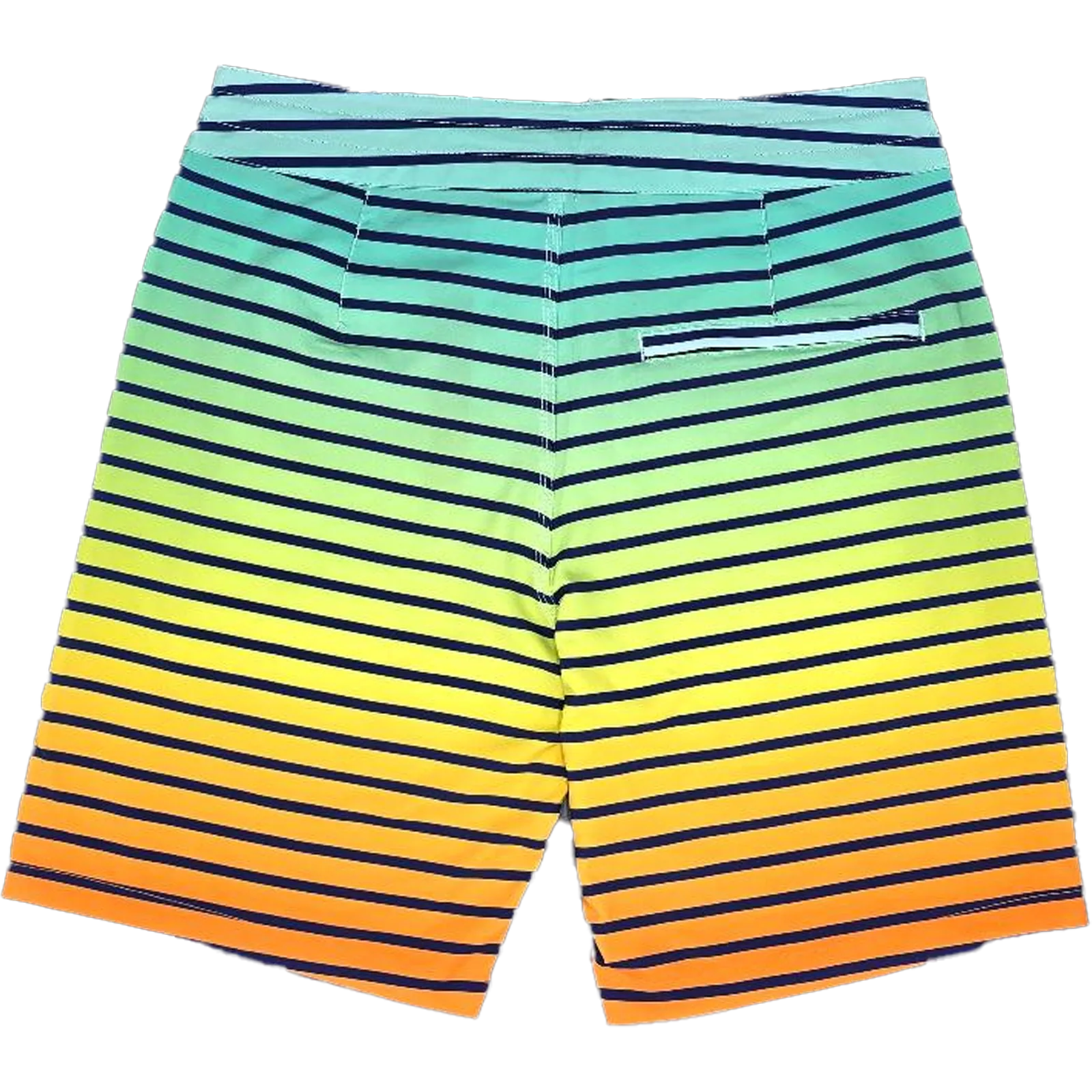 A pair of men's board shorts featuring a vibrant horizontal stripe pattern that transitions through shades of teal, green, yellow, and orange, with thin navy blue horizontal stripes throughout. The shorts are shown from the back on a solid white background.