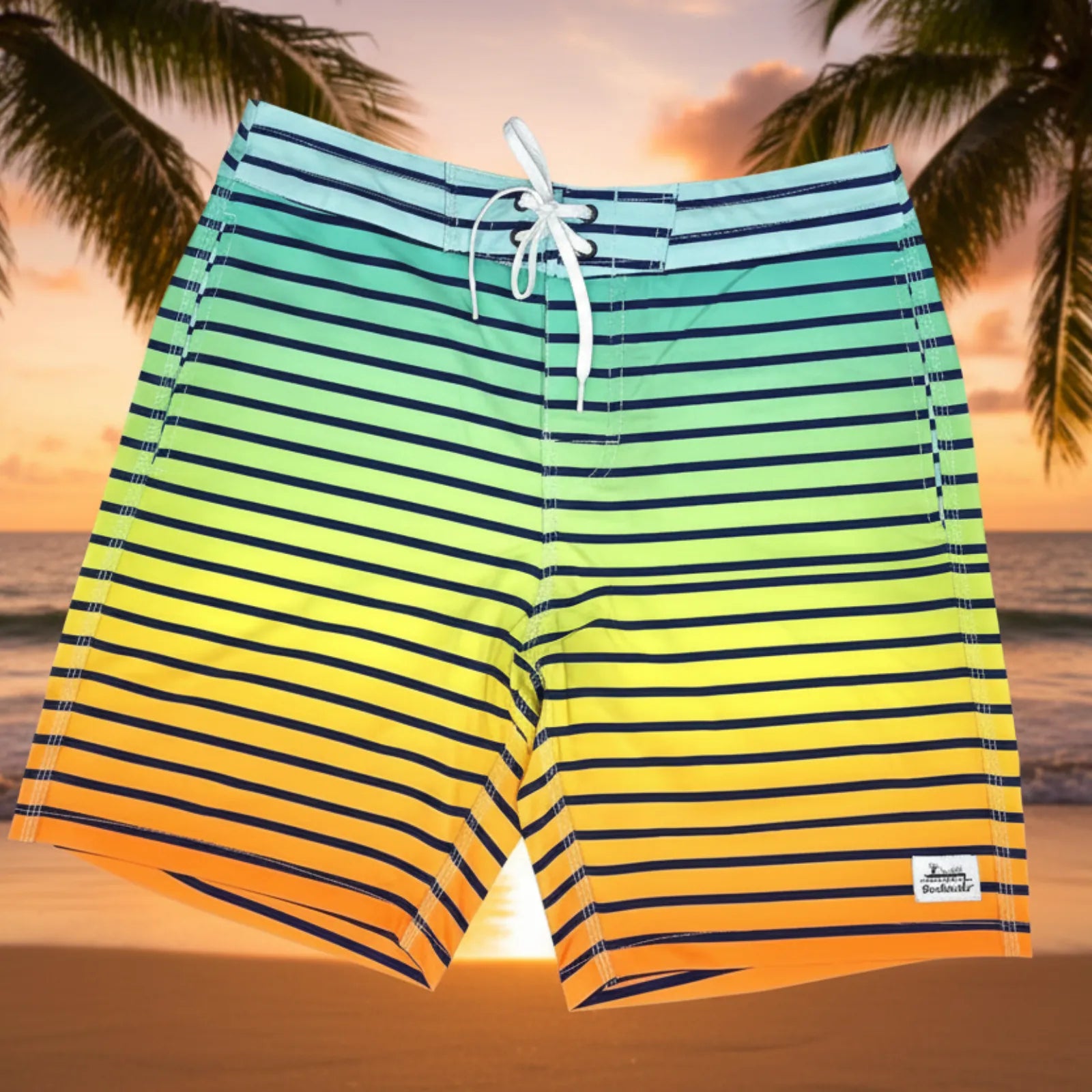 Striped board shorts with a vertical gradient transitioning from teal and green at the top, through yellow, to orange at the bottom, with thin dark horizontal stripes throughout. The shorts feature a white drawstring and a small white Docktails brand patch on the lower left leg, set against a beach sunset background with palm trees.
