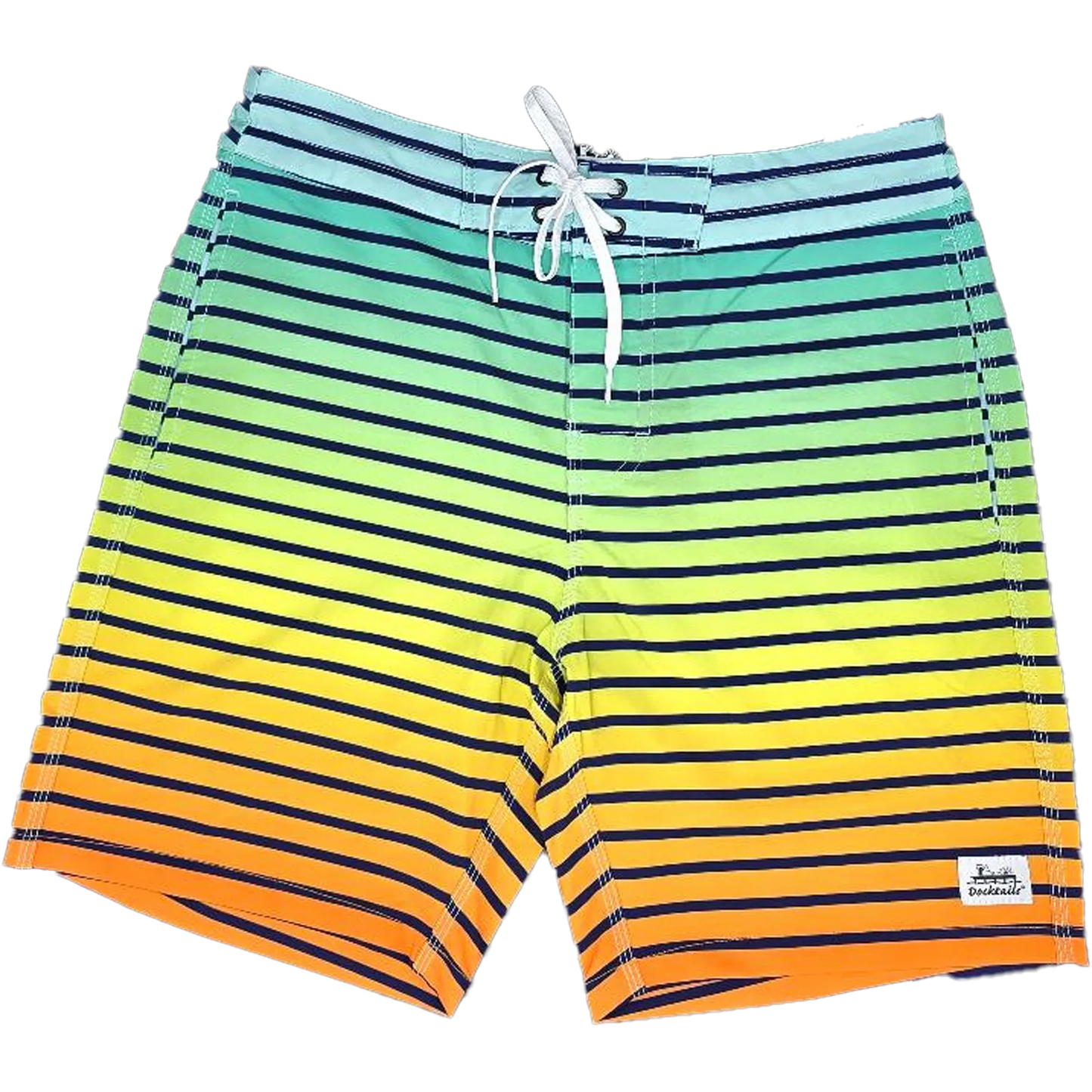 A pair of men's board shorts featuring a vibrant horizontal stripe pattern that transitions through shades of blue, green, yellow, and orange, with thin navy stripes throughout. The shorts have a white drawstring and a small white Docktails brand label on the lower right leg.