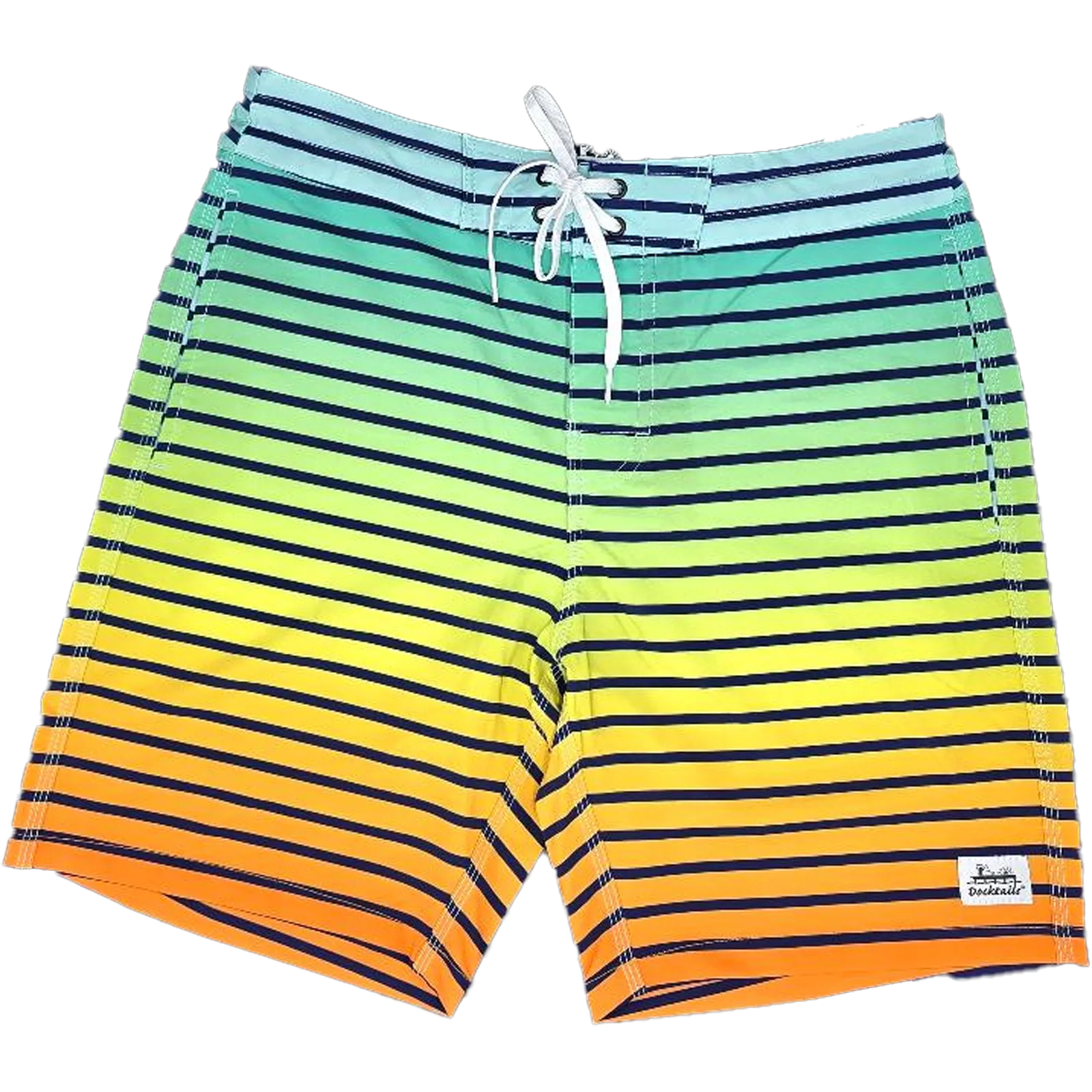 A pair of men's board shorts featuring a vibrant horizontal stripe pattern that transitions through shades of blue, green, yellow, and orange, with thin navy stripes throughout. The shorts have a white drawstring and a small white Docktails brand label on the lower right leg.