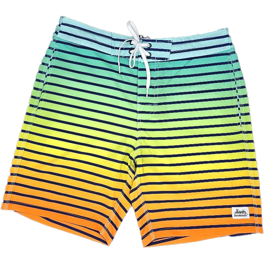 A pair of men's board shorts featuring a vibrant horizontal stripe pattern that transitions through shades of blue, green, yellow, and orange, with thin navy stripes throughout. The shorts have a white drawstring and a small white Docktails brand label on the lower right leg.