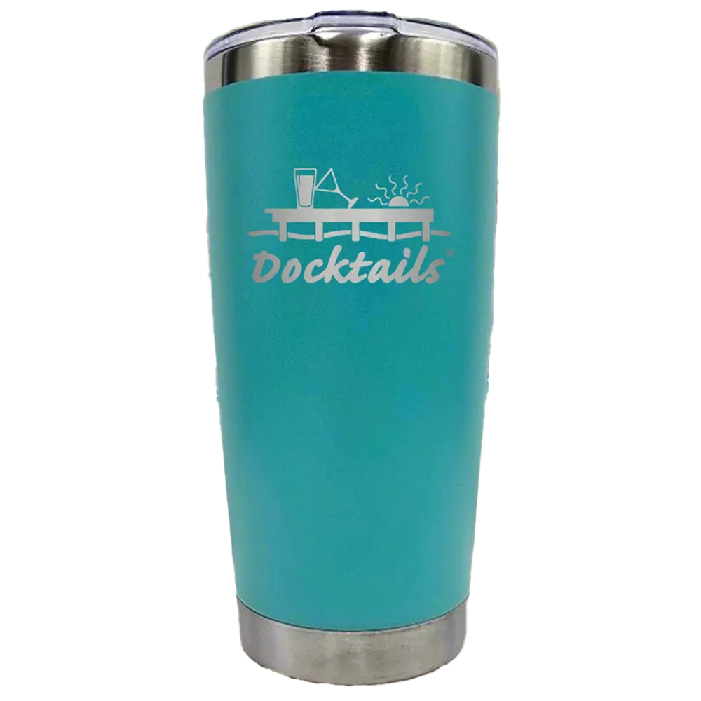 Drink cup in color aqua with a Docktails logo engraved, showing a dock with a sun above it and a martini glass and pint glass on it, a wave underneath it and the word Docktails below the wave