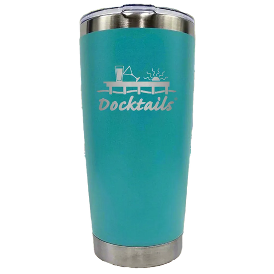 Drink cup in color aqua with a Docktails logo engraved, showing a dock with a sun above it and a martini glass and pint glass on it, a wave underneath it and the word Docktails below the wave