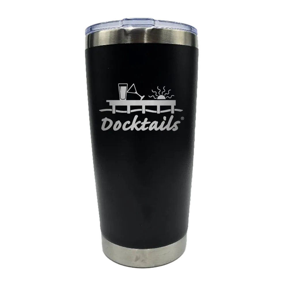 A black insulated travel tumbler with a stainless steel lid and base, featuring a laser-engraved 'Docktails' graphic on the front.