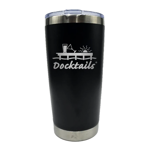 A black insulated travel tumbler with a stainless steel lid and base, featuring a laser-engraved 'Docktails' graphic on the front.