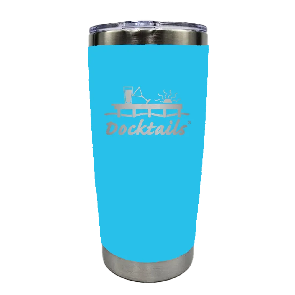 A bright blue insulated travel tumbler with a stainless steel lid and base, featuring an engraved graphic of a dock with a sun above it and a martini glass and pint glass on top of it, with the word 'Docktails' engraved on the front.