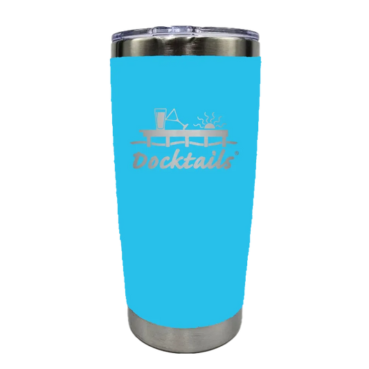 A bright blue insulated travel tumbler with a stainless steel lid and base, featuring an engraved graphic of a dock with a sun above it and a martini glass and pint glass on top of it, with the word 'Docktails' engraved on the front.