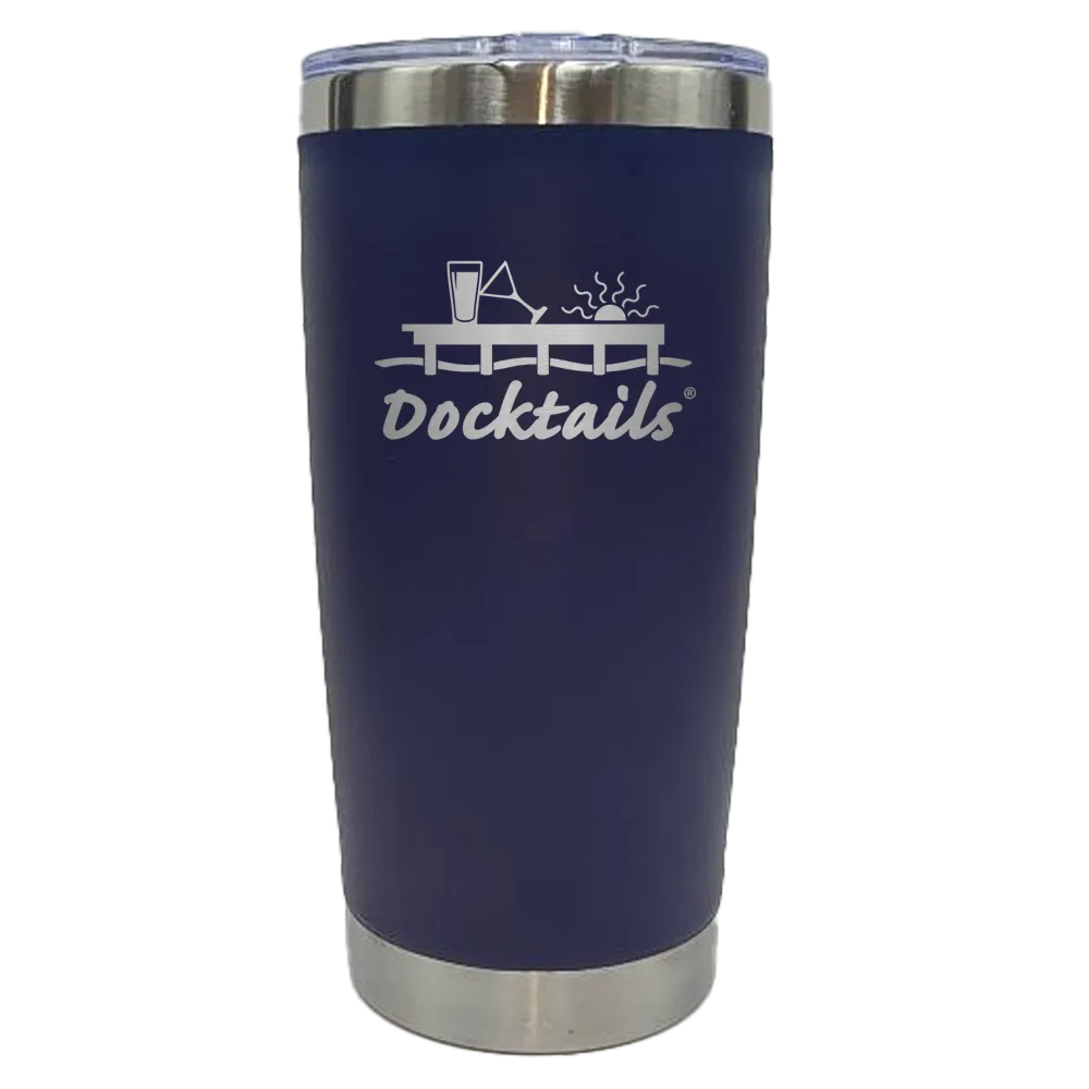 A navy blue insulated tumbler with a clear lid, featuring a laser-engraved graphic of a dock and the word 'Docktails' on the front.