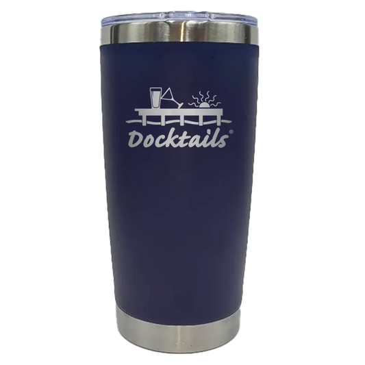 A navy blue insulated tumbler with a clear lid, featuring a laser-engraved graphic of a dock and the word 'Docktails' on the front.