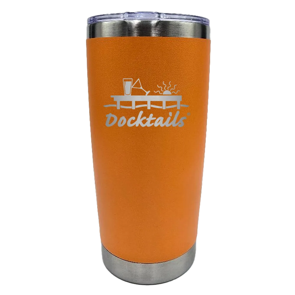An orange insulated travel tumbler with a clear lid, featuring a silver metallic base and an engraved graphic on the front that reads 'Docktails' with a cocktail glass and drink illustration.