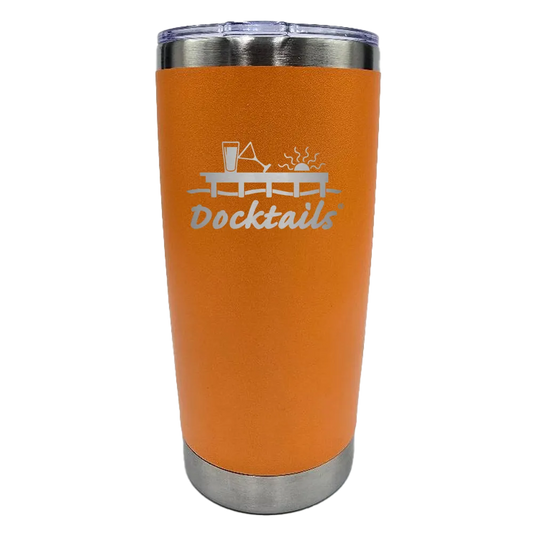An orange insulated travel tumbler with a clear lid, featuring a silver metallic base and an engraved graphic on the front that reads 'Docktails' with a cocktail glass and drink illustration.
