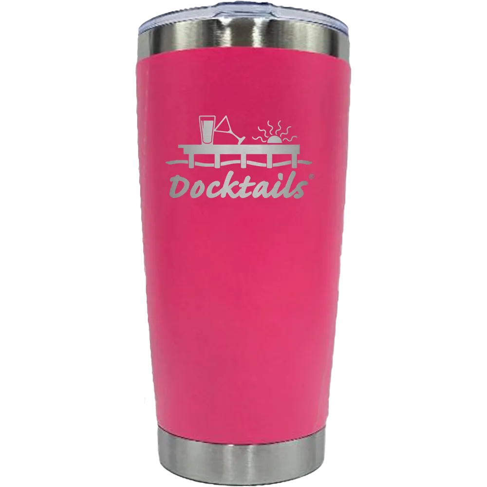 A bright pink insulated tumbler with a clear lid, featuring an engraved graphic of a cocktail setup and the word 'Docktails' printed on the front, set against a plain white background.