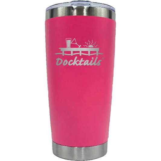 A bright pink insulated tumbler with a clear lid, featuring an engraved graphic of a cocktail setup and the word 'Docktails' printed on the front, set against a plain white background.