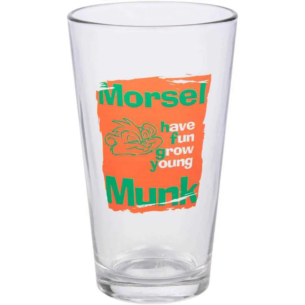 Clear glass with orange and green text and graphics on a white background
