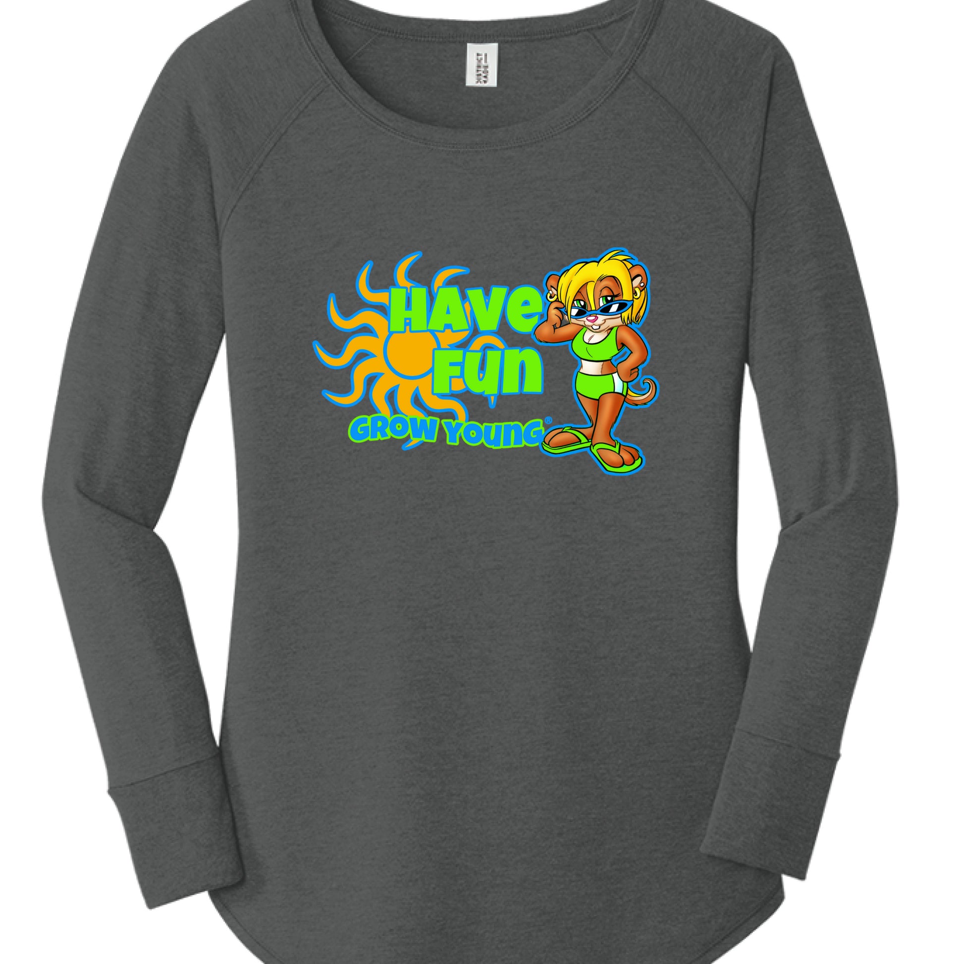 Black frost women's tunic with Morsel Chik character printed on the front