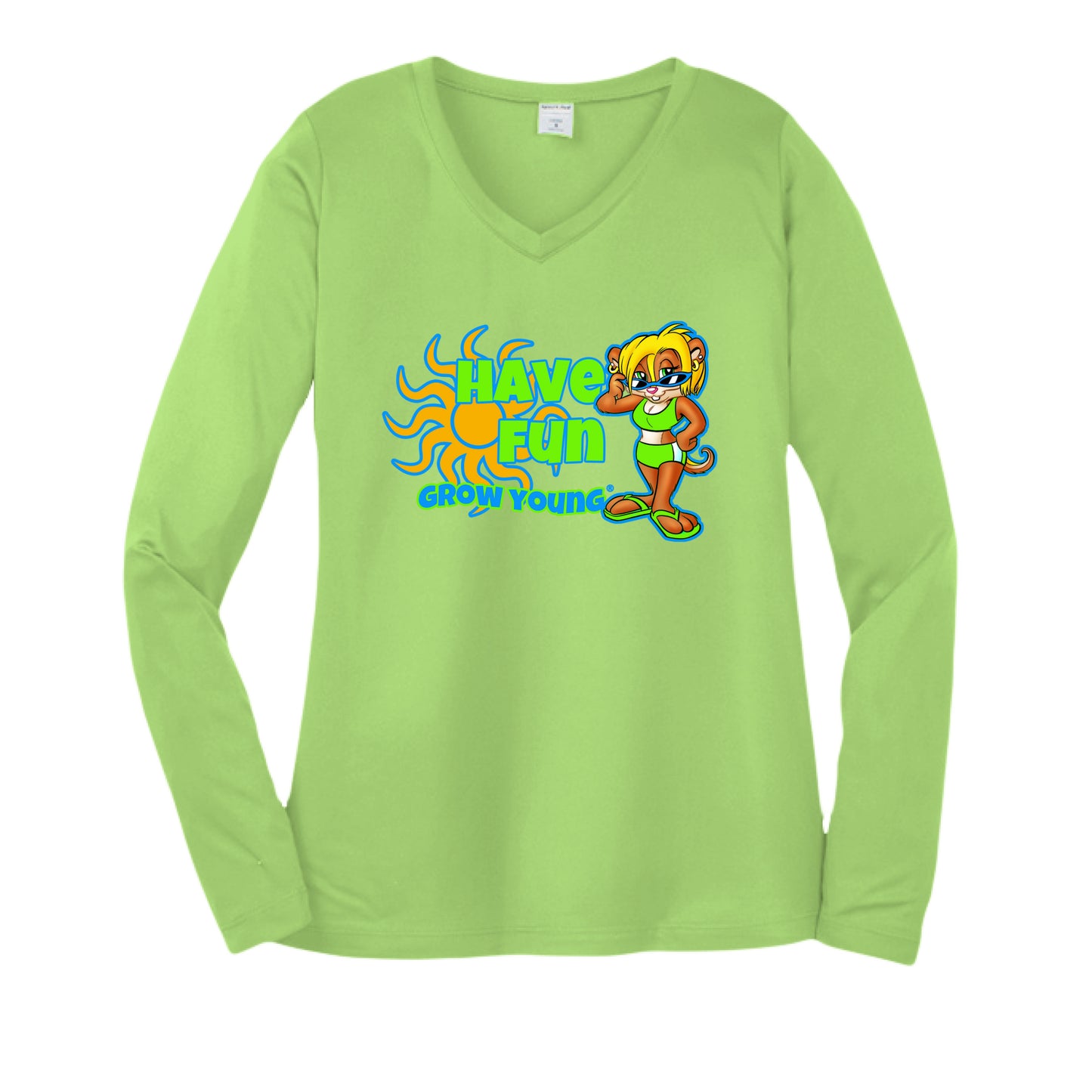 Green v-neck sunshirt with a cartoon chipmunk character