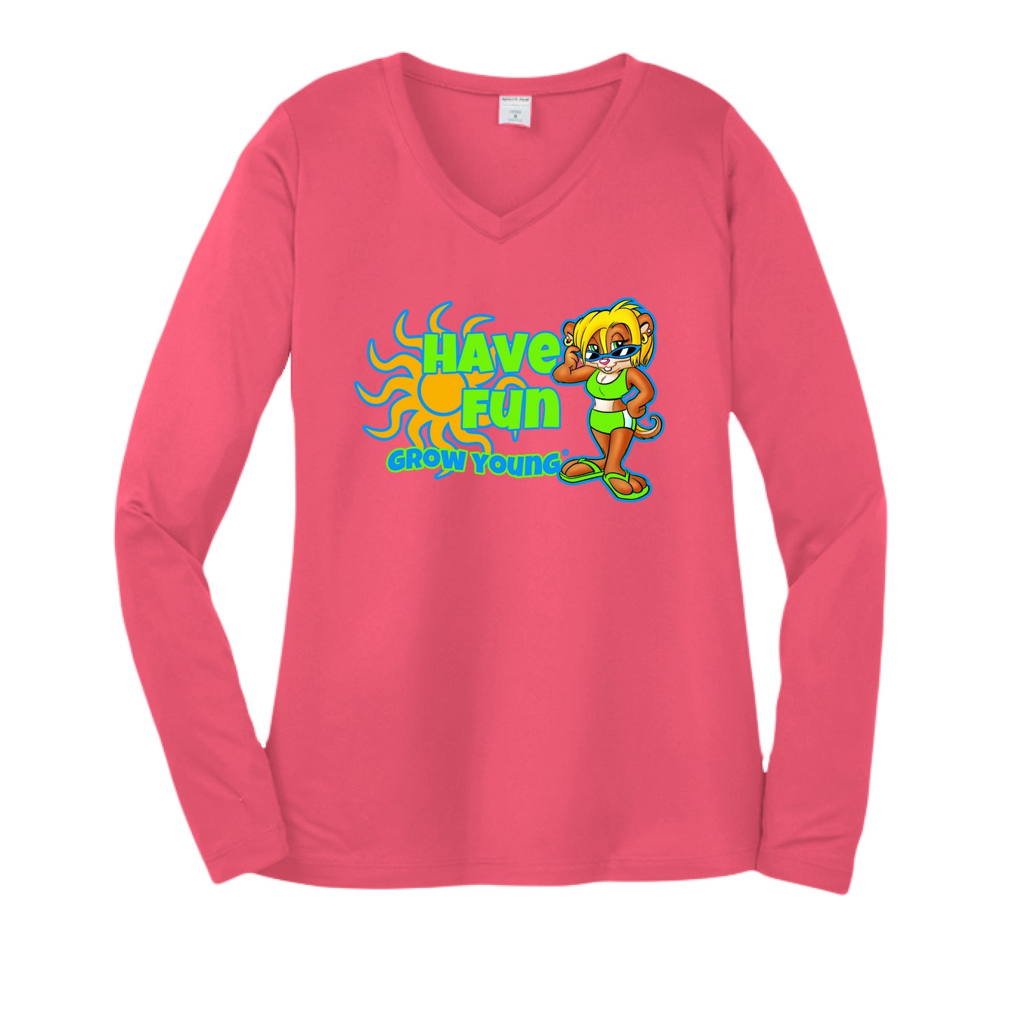 Coral v-neck sunshirt with a cartoon chipmunk character