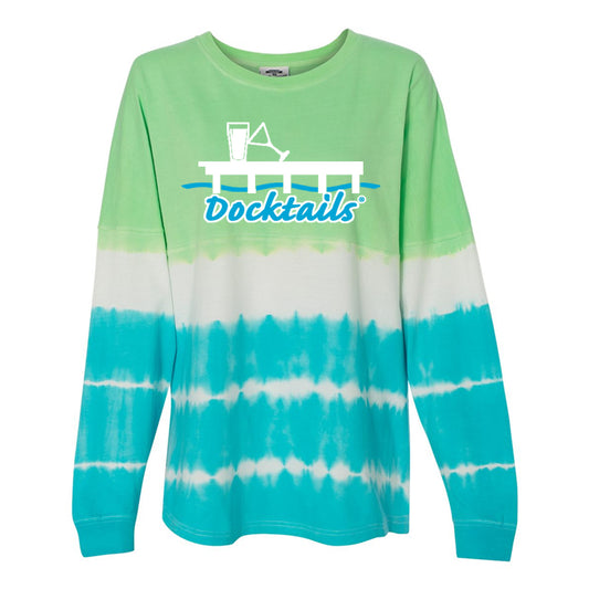Women's Docktails longsleeve game day tie dye shirt, perfect for enjoying cocktails on your dock in cooler weather