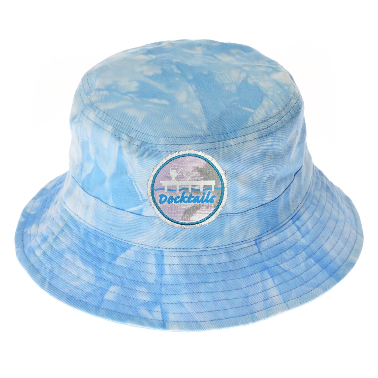 Docktails Beach Bucket Hat in blue tie dye; crushable and packable, 100% cotton
