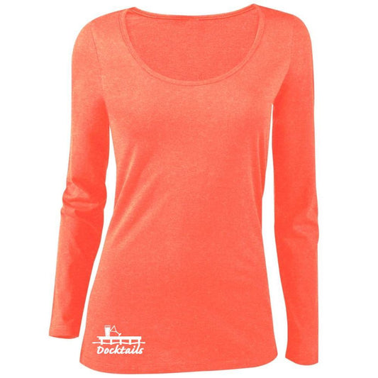 Docktails Women's Long Sleeve Scoop Neck Shirt in Sunset Heather, perfect for casual waterfront dining