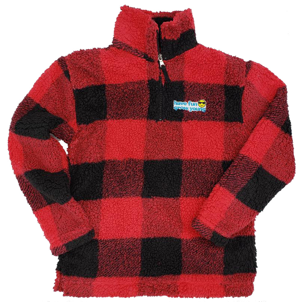 Have Fun Grow Young Sherpa Quarter Zip Pullover in Red and Black Buffalo Plaid