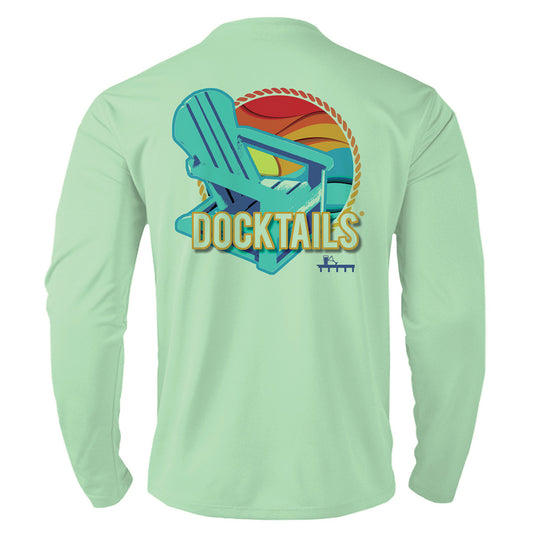 Docktails Adirondack logo men's sun shirt in green UPF 50 protection fabric back of shirt
