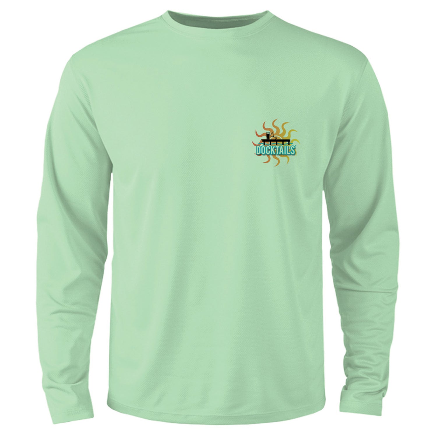 Docktails Adirondack logo men's sun shirt in green UPF 50 protection fabric front of shirt