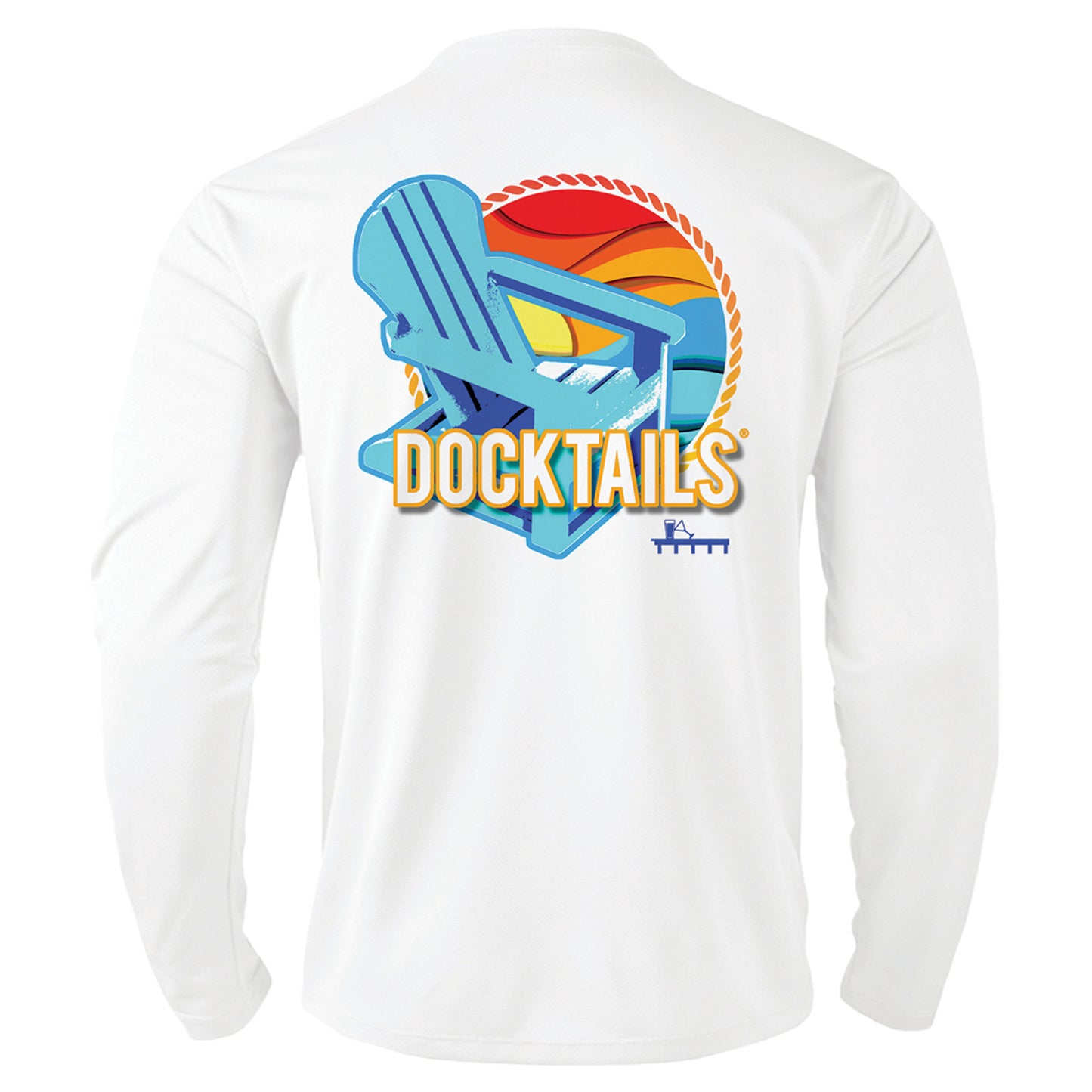 Docktails Adirondack logo men's sun shirt in white UPF 50 protection fabric back of shirt