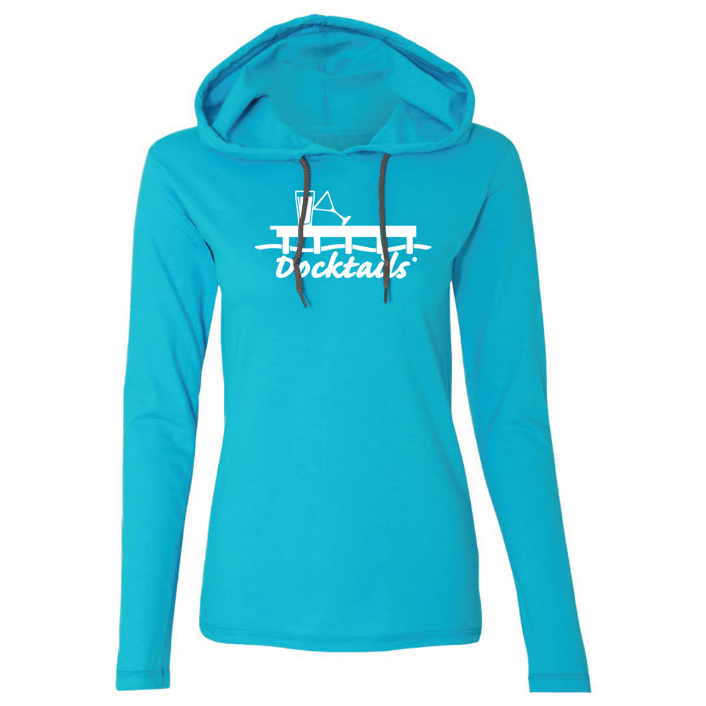 Docktails Women's Long Sleeve Hoodie Tee in Caribbean Blue, perfect for beach bars and other waterfront dining with a cool ocean breeze
