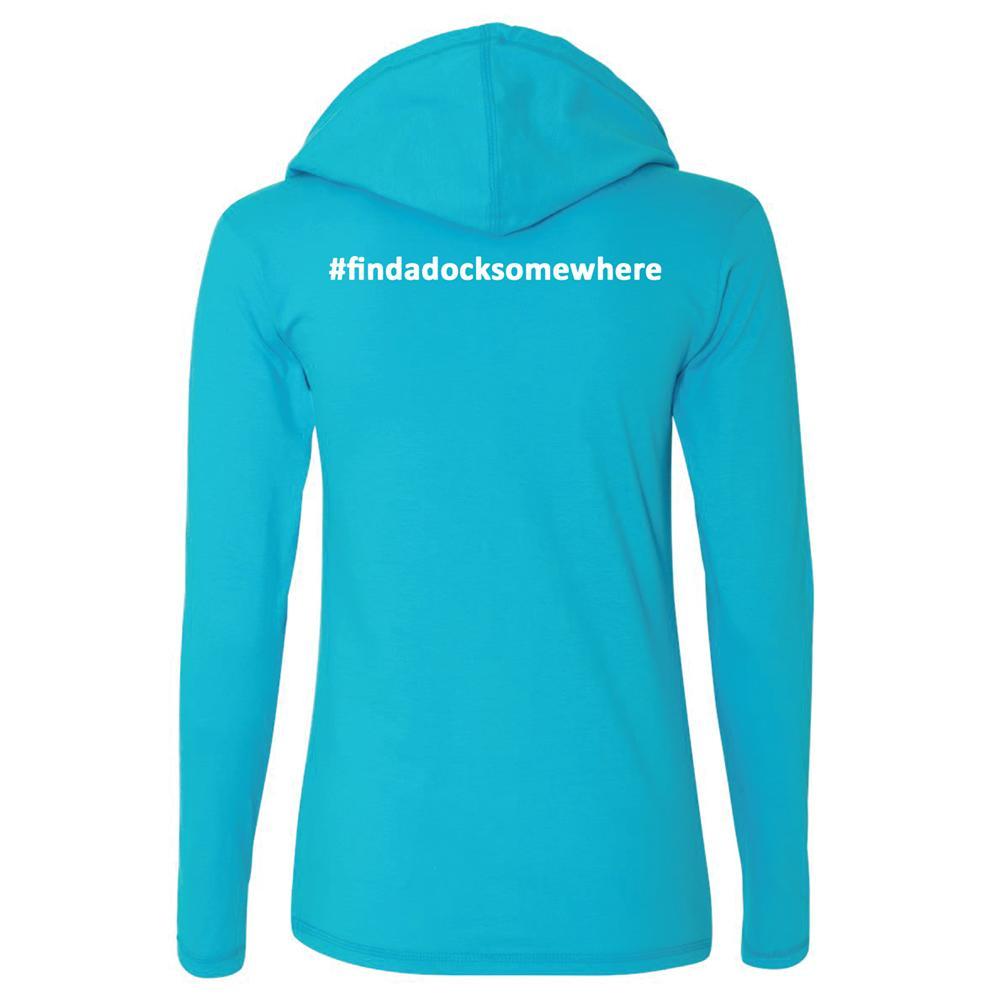 Docktails Women's Long Sleeve Hoodie Tee in Caribbean Blue, perfect for beach bars and other waterfront dining with a cool ocean breeze