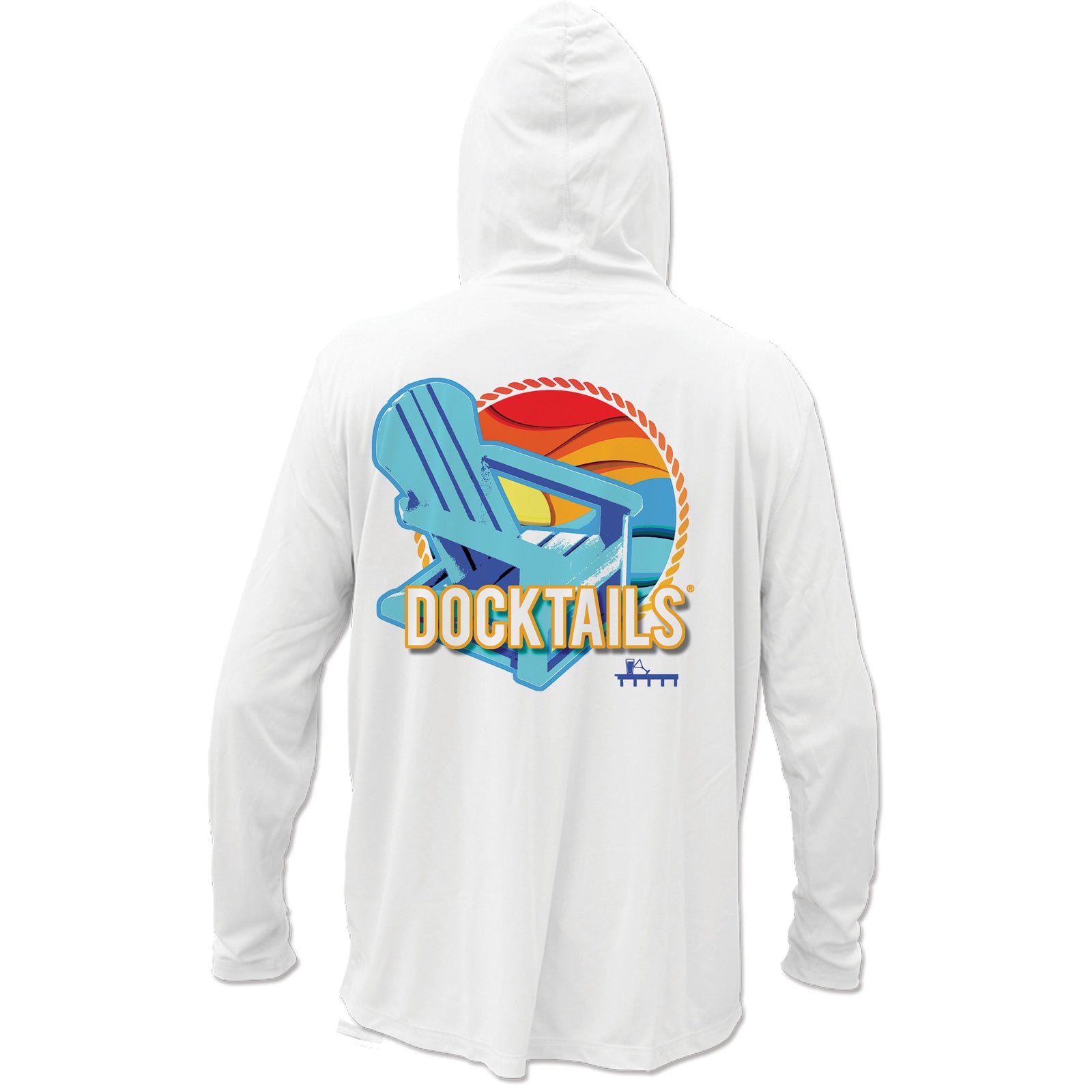 Docktails Adirondack chair Unisex Hoodie Performance Sun Shirt in White UPF 50 back of shirt