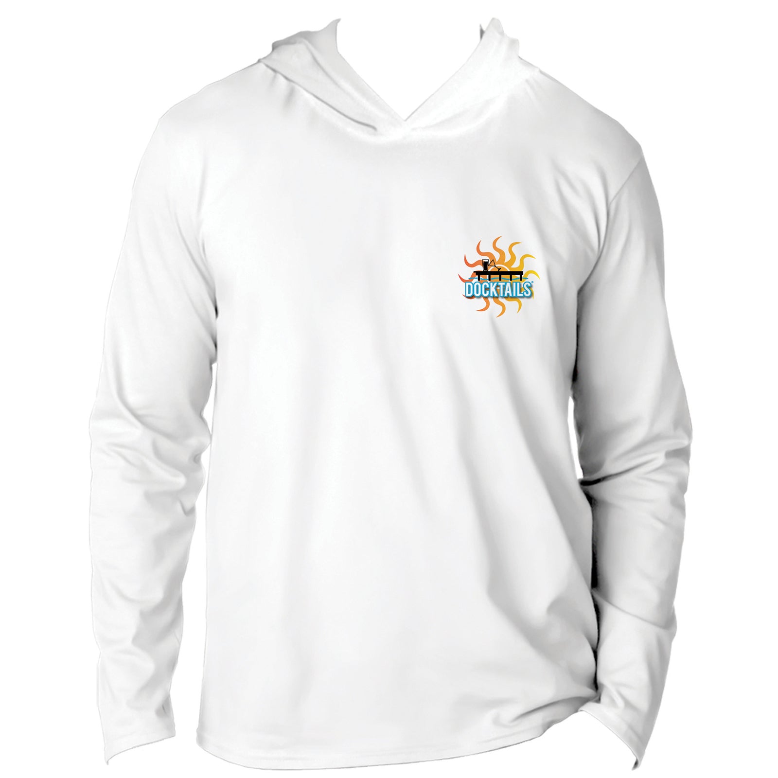 Docktails Adirondack chair Unisex Hoodie Performance Sun Shirt in White UPF 50 front of shirt