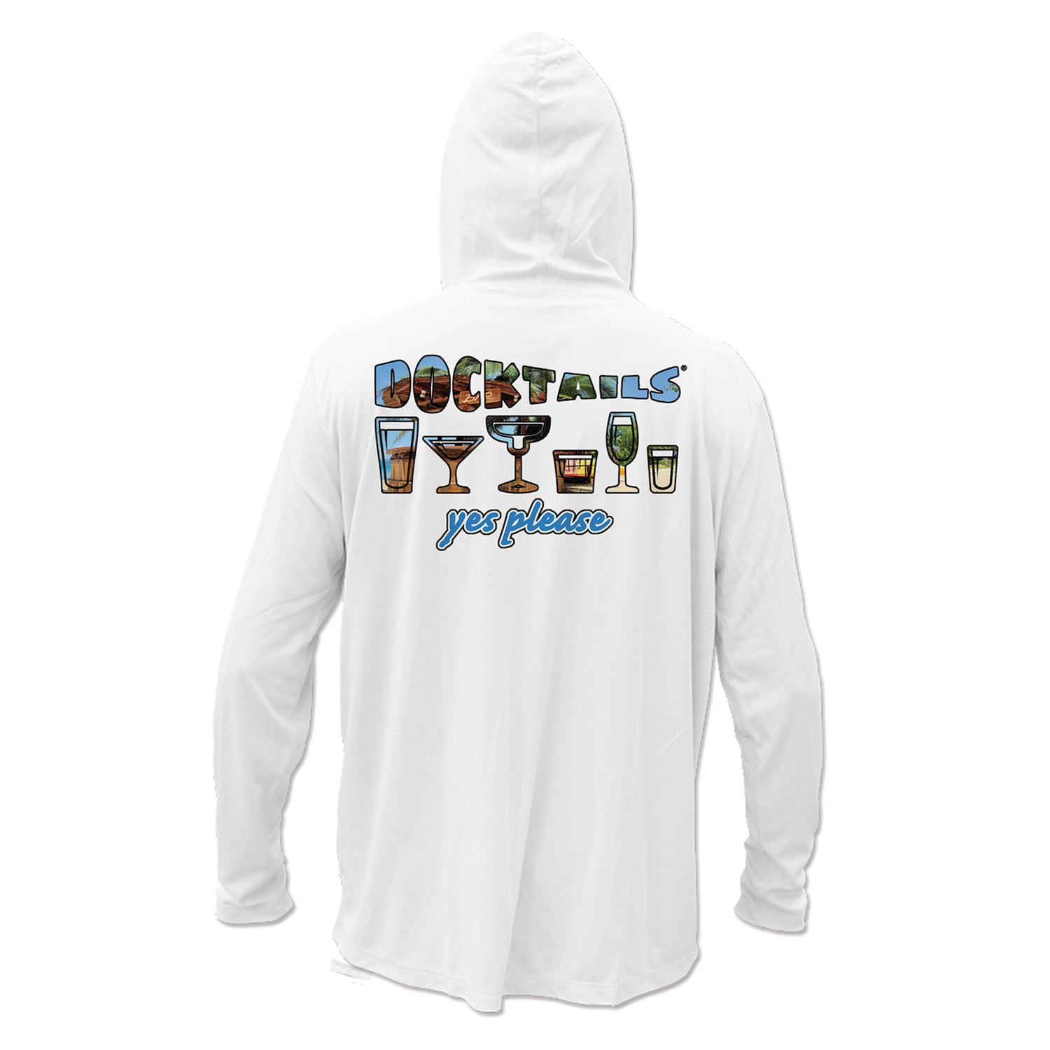 Docktails Drink Like A Fish Unisex Hoodie Performance Sun Shirt in White UPF 50 - back logo