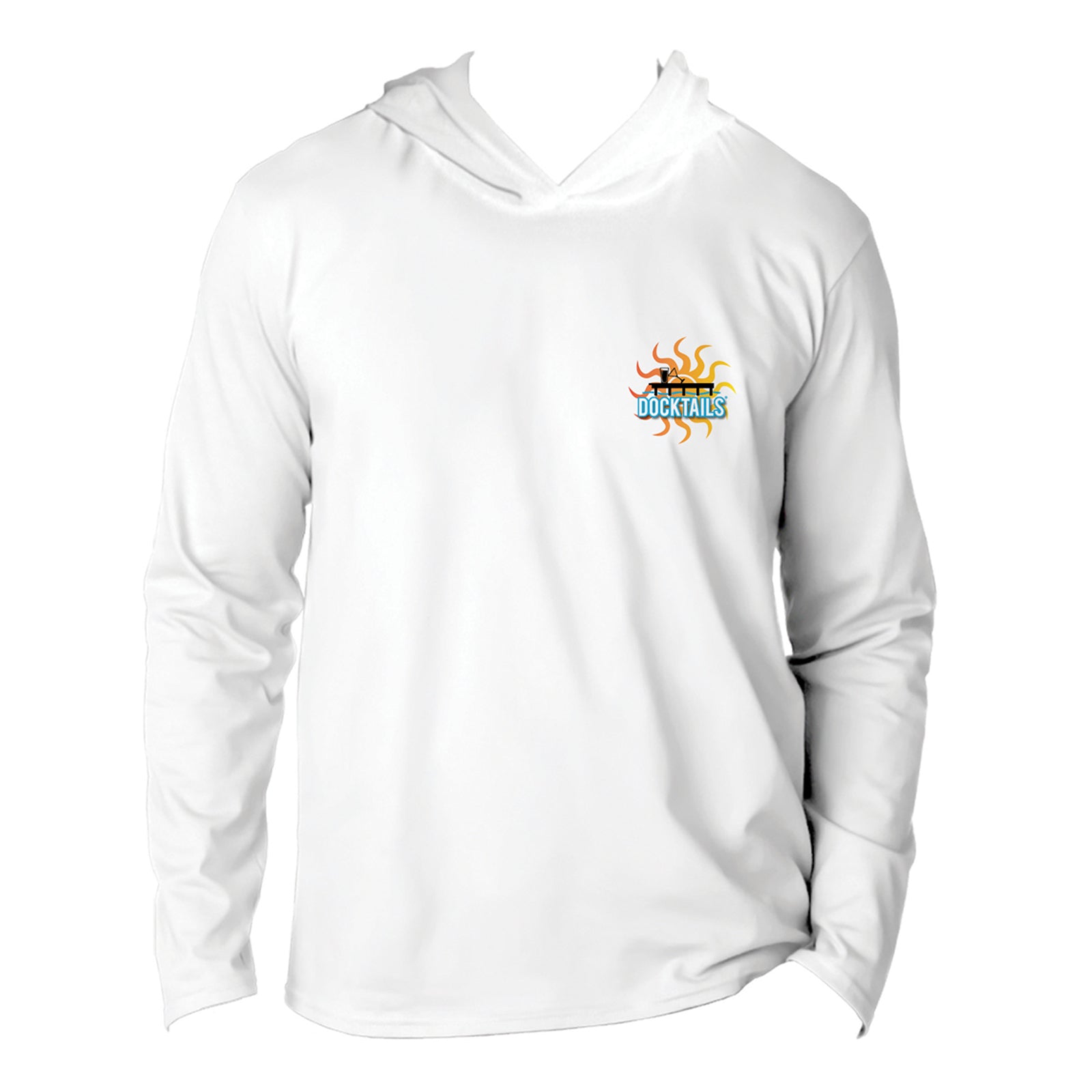 Docktails Drink Like A Fish Unisex Hoodie Performance Sun Shirt in White UPF 50 - front logo