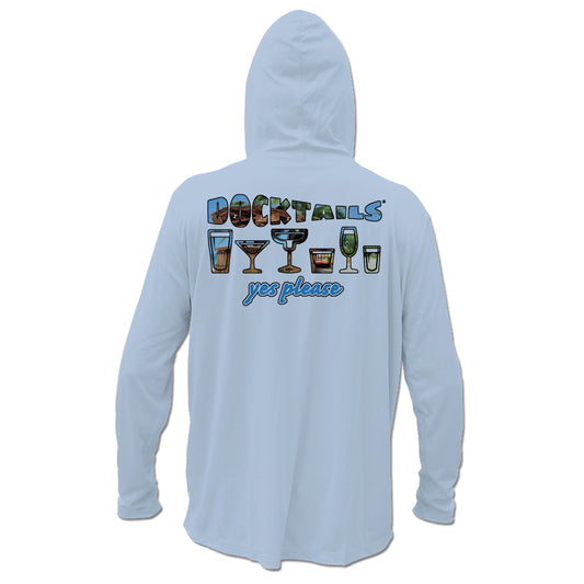 Docktails Drink Like A Fish Unisex Hoodie Performance Sun Shirt in Blue UPF 50 - back logo