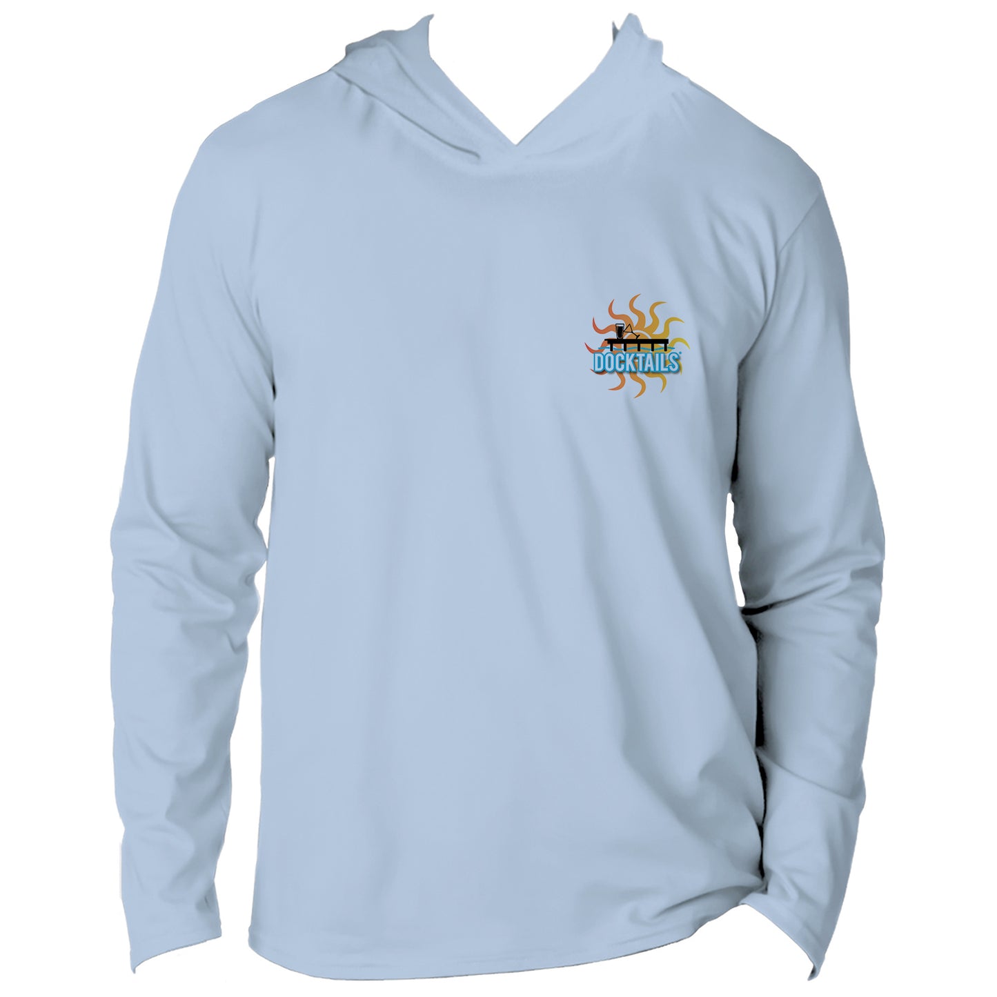 Docktails Drink Like A Fish Unisex Hoodie Performance Sun Shirt in White UPF 50 - front logo