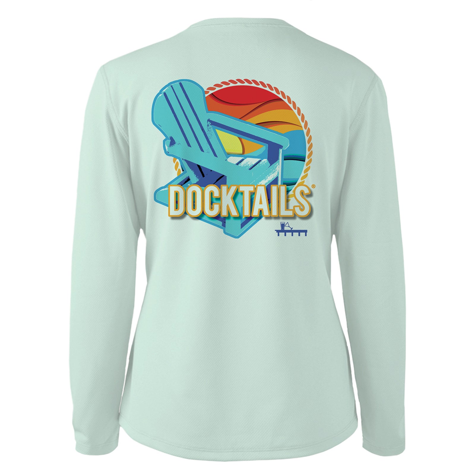 Docktails Adirondack logo women's sun shirt in green UPF 50 protection fabric back of shirt