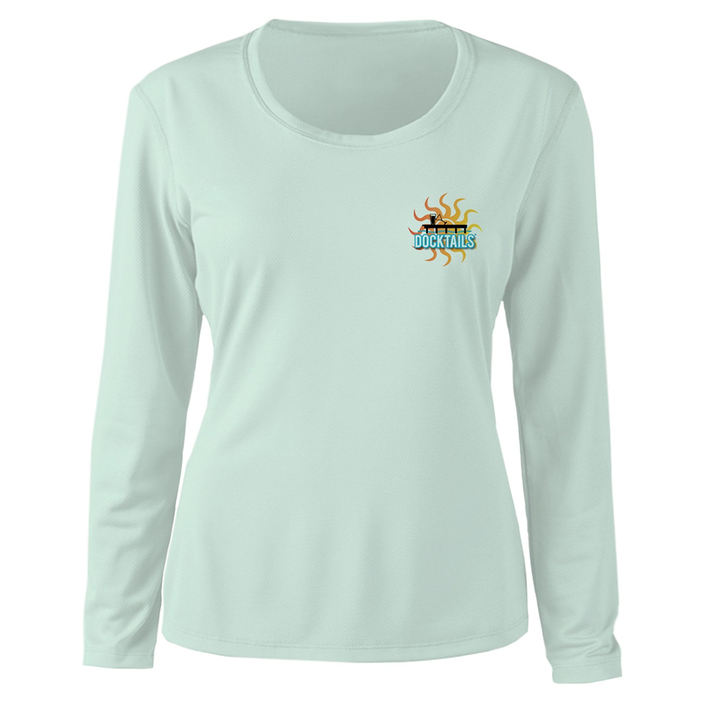 Docktails Adirondack logo women's sun shirt in green UPF 50 protection fabric front of shirt