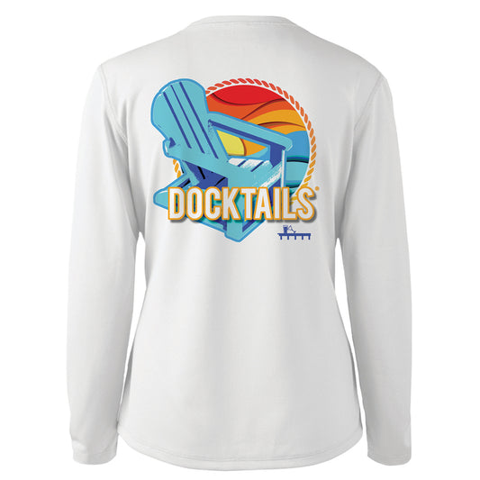 Docktails Adirondack logo women's sun shirt in white UPF 50 protection fabric back of shirt