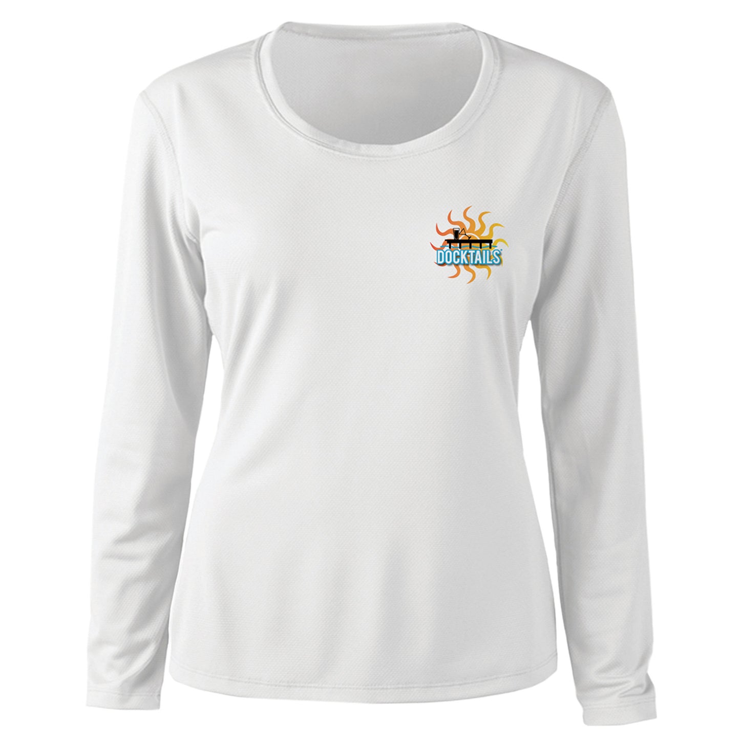 Docktails Adirondack logo women's sun shirt in white UPF 50 protection fabric front of shirt