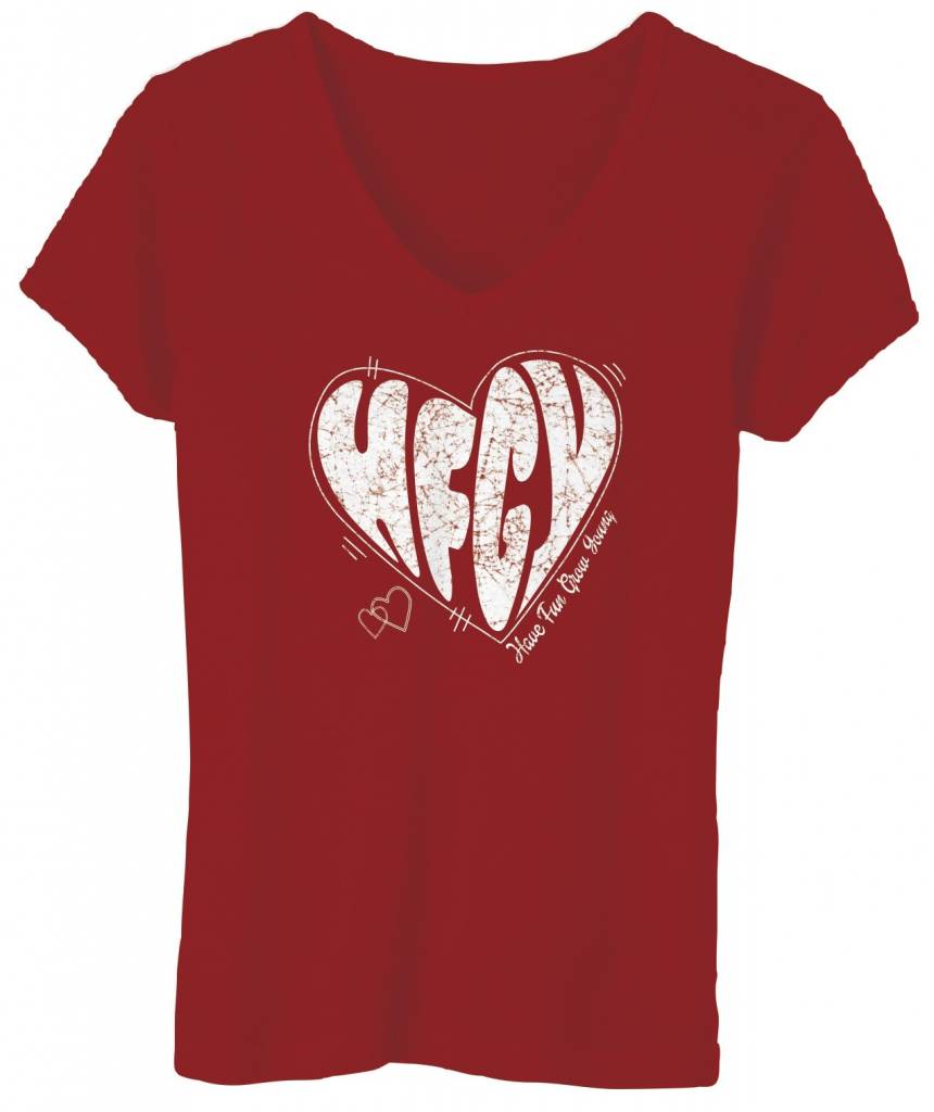 Have Fun Grow Young women's v-neck red heart t-shirt